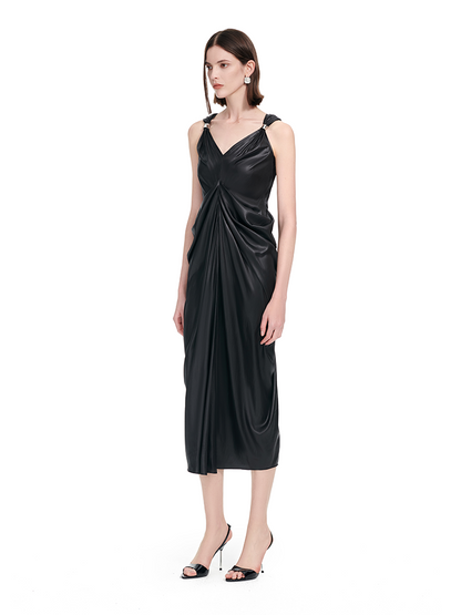 YES BY YESIR | Ye Qians Pleated Romantic Long Dress with Sculptural Ring Ornament-AMELINA.