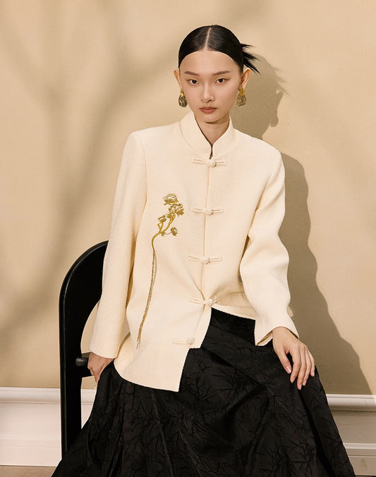 HECO Hanfu rich charm peony tassel woolen coat - grit.