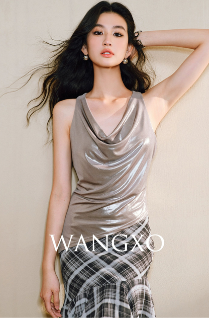WANGXO Luxurious Metallic Luster Silk with Vertical Cut Swing Collar Top  - ZAYNA