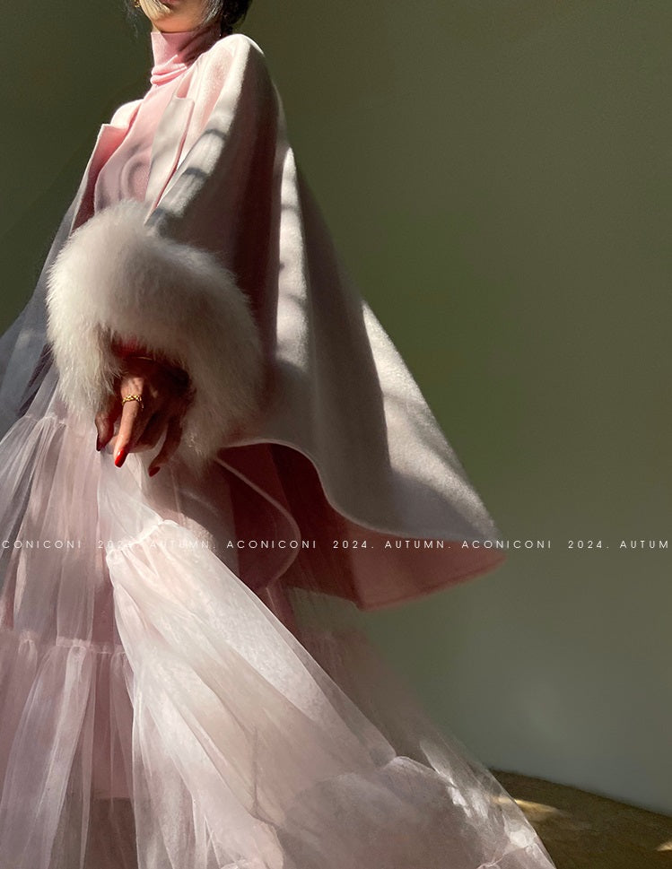 Aconiconi Winter pink wool cape fox fur sleeve double-sided coat-Sakura