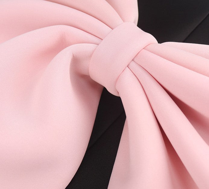 DOLLY Luxury French Style Chest Wrap Pink Bow Body Hug Black Cocktail Dress-ARETE
