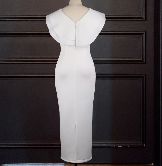 DOLLY Elegant White V-Neck Flying Ruffle Sleeve Slim Fit Long Goddess Dress-CLAUDIA