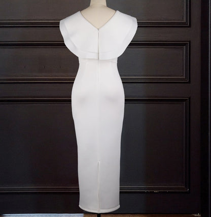 DOLLY Elegant White V-Neck Flying Ruffle Sleeve Slim Fit Long Goddess Dress-CLAUDIA