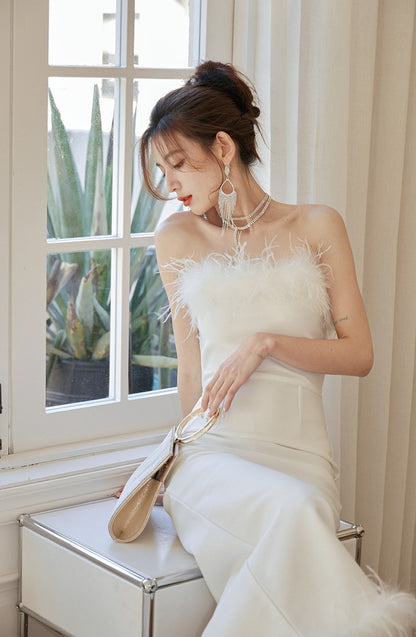 DOLLY Luxury White French Style Sleeveless Feather Tube Top Long Party Dress-HEIDI