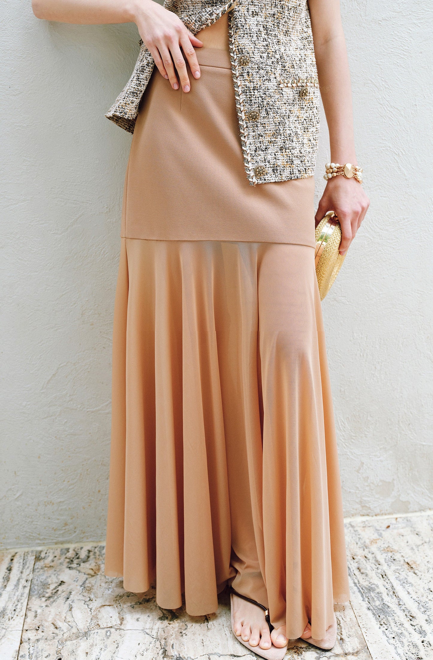 WANGXO | Twill Roman Knit with Lightweight Sheer Paneling  A-Line Hem Flowing Skirt  -RAYA