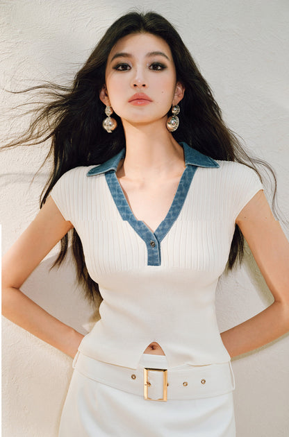 WANGXO | Soft Glutinous Knit & Contrasting High-Quality Denim V-Neck Slim Top -NIVA