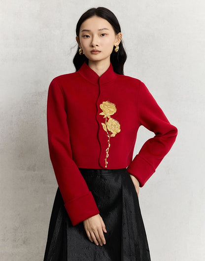 HECO 100% wool Embroidery Red black Short Double-Sided Tweed Jacket Women - out.