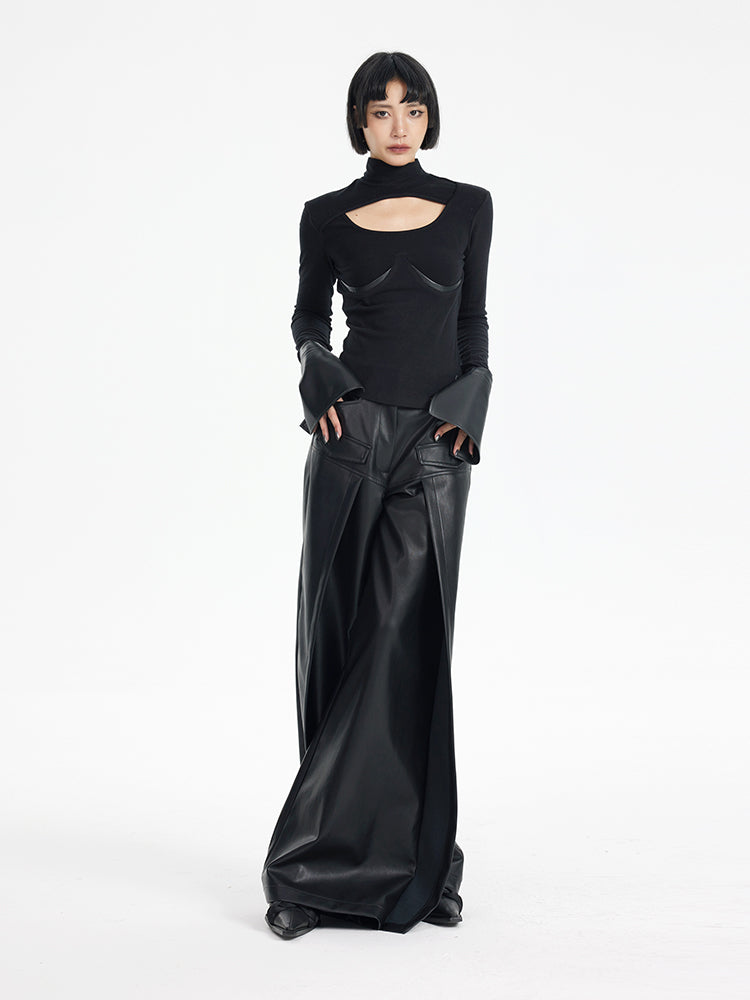 TINY IN black knit PU leather cuff top - SONO.