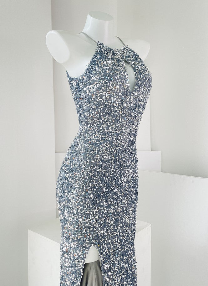 DOLLY Elegant Sleeveless Sequin Halter High Waist Fish Tail Evening Dress-BECCA