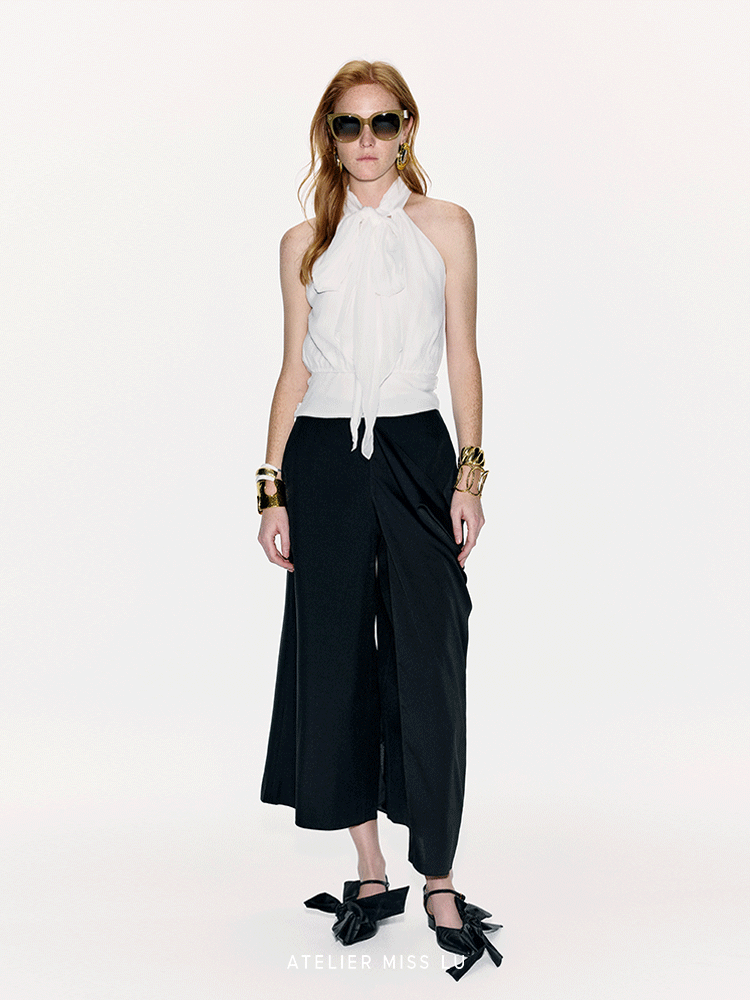 ATELIER MISS LU Long Streamer Design Mulberry Silk Shaved Shoulder Top - YAWEH