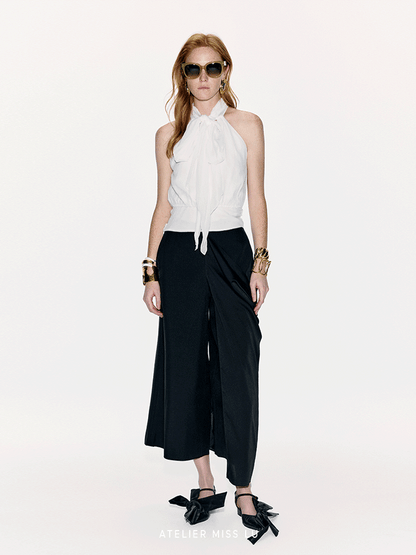 ATELIER MISS LU Long Streamer Design Mulberry Silk Shaved Shoulder Top - YAWEH