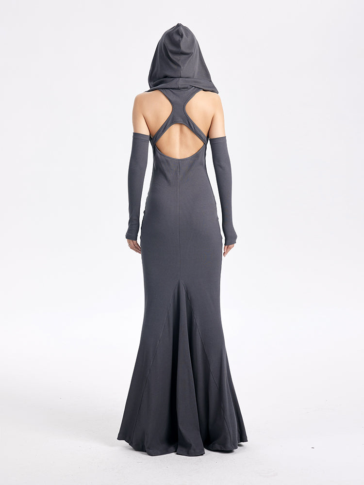 TINY IN sexy hooded backless two-tone fishtail women's dress -ROT