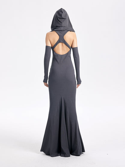 TINY IN sexy hooded backless two-tone fishtail women's dress -ROT