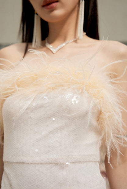 DOLLY High End Off White Feather Tube Top Sequin Short Slit Party Dress-PANTI