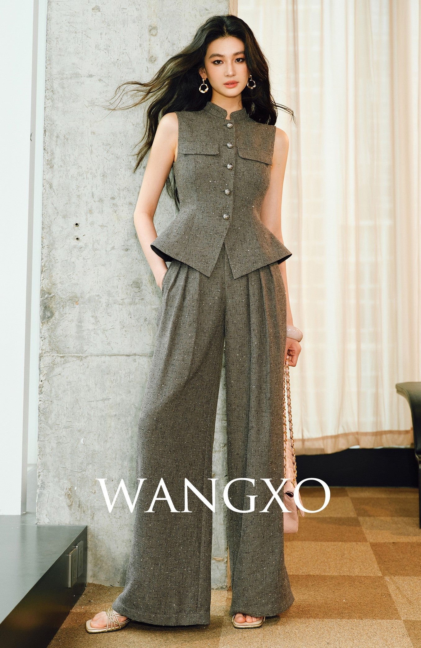 WANGXO | Silver Classic Tweed Vest & Straight-Leg Pants Suit - LYRA.