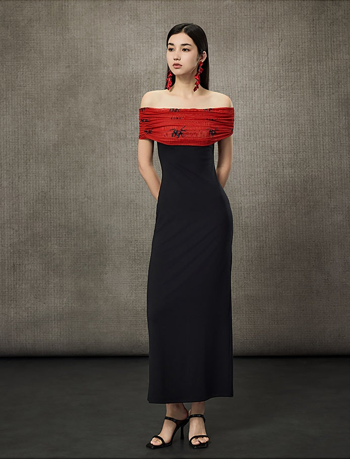 HECO Pleated One-Shoulder Bardot Temperament Midi Dress  - BELIEVE.