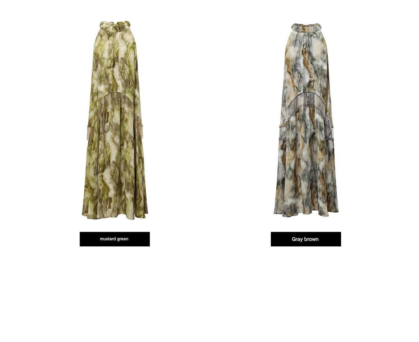 WANGXO | Satin Jacquard Beaded Tassel Halterneck Dress -LUMI.