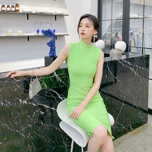 DOLLY High End Stand Collar Sleeveless Slim Fit Bandage Midi Dress-KYA