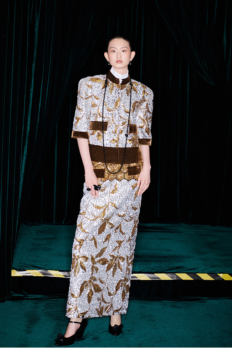 M essential Mackay luxury brown silver stand collar short seuins  jacket top pencil skirt set - sans.