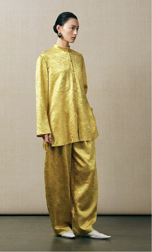 ZHUCHONGYUN loose tapered gold wrinkled satin trousers and top set--RIRI