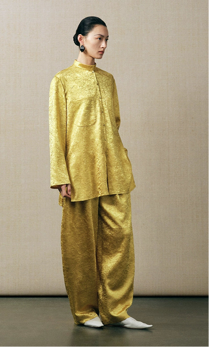ZHUCHONGYUN loose tapered gold wrinkled satin trousers and top set--RIRI