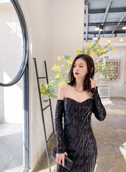 DOLLY High End Black Gold Chest Wrap Long Sleeve Off Shoulder Long Banquet Dress-KANTE