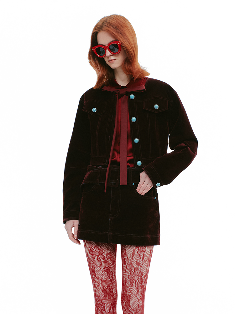 YES BY YESIR Velvet Denim Short Jacket and Skirt Set - WEST.