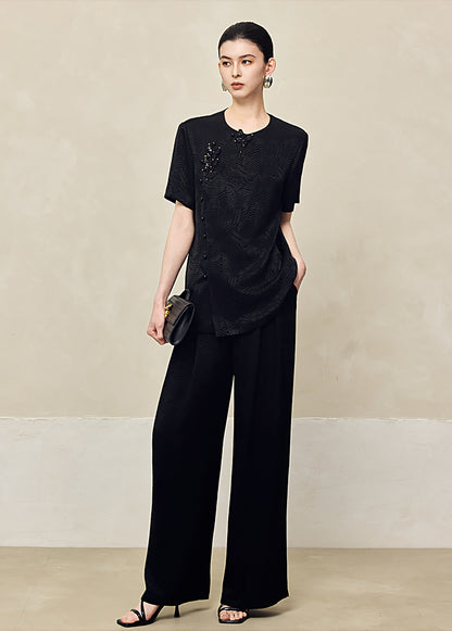 HECO Jacquard Drapy Wide-leg High Waist Casual Black White Pants - COMMAND.