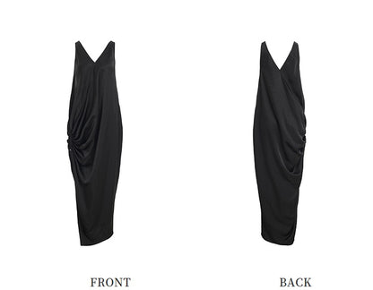 ZHUCHONGYUN Black Stylish Wide Strap V-Neck Pleated Slit Dress-SABRI.