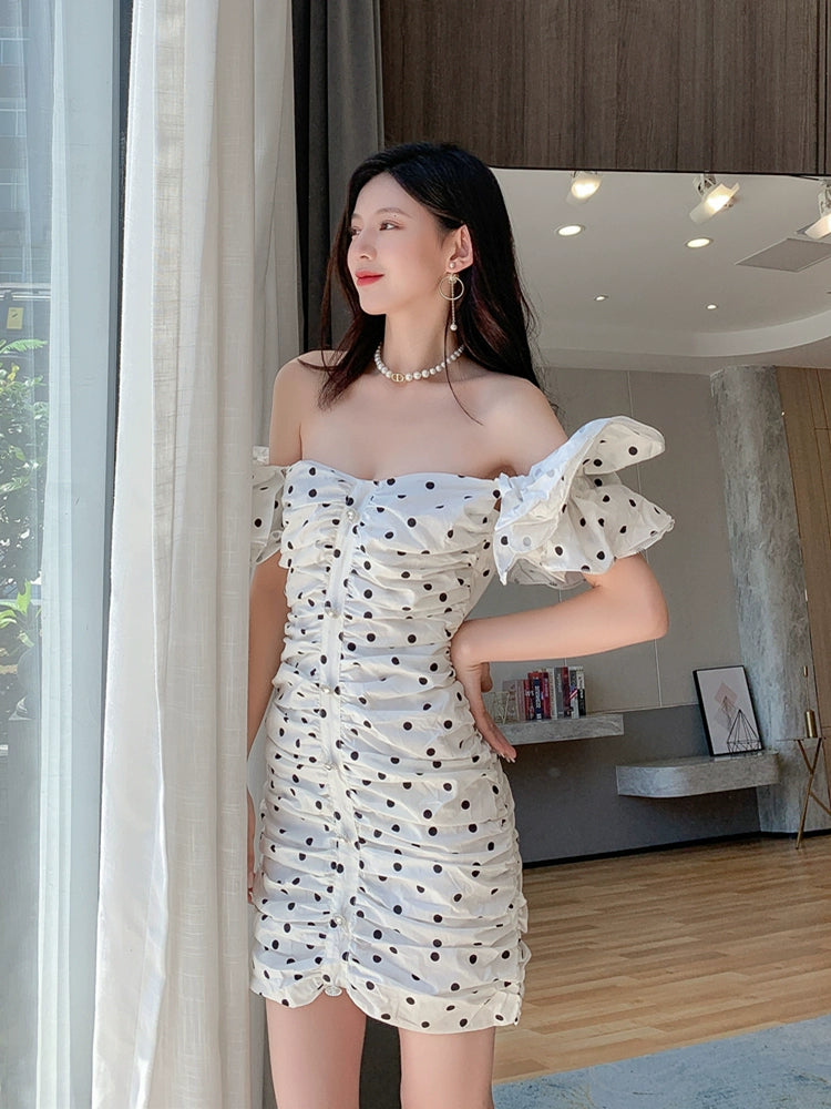 DOLLY Elegant White Off Shoulder Short Puff Sleeve Slim Fit Short Polka Dot Dress-MINA