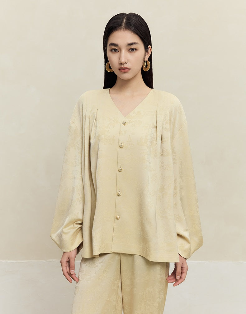 HECO Shan Ting Acetate Jacquard Suit Loose black yellow Top Pants Women - favour.