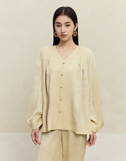 HECO Shan Ting Acetate Jacquard Suit Loose black yellow Top Pants Women - favour.