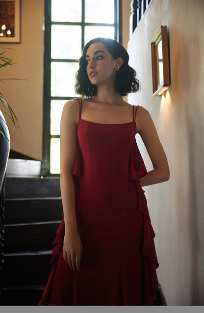 GOUDIN red engagement long suspender slimming host dress-LIN.