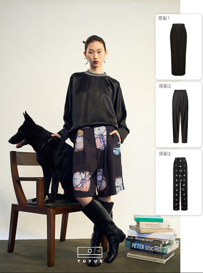 TUYUE Knit Collar Black Acetate Satin Silhouette Top - ARCHER.