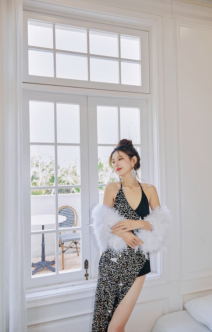 DOLLY Luxury Black Sleeveless Sequin Halter Neck Irregular Hem Sexy Cocktail Dress-ANASTASIA