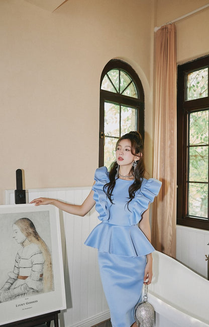 DOLLY High End Blue Crew Nek Ruffled Flying Sleeve Midi Office Dress-BELLONA