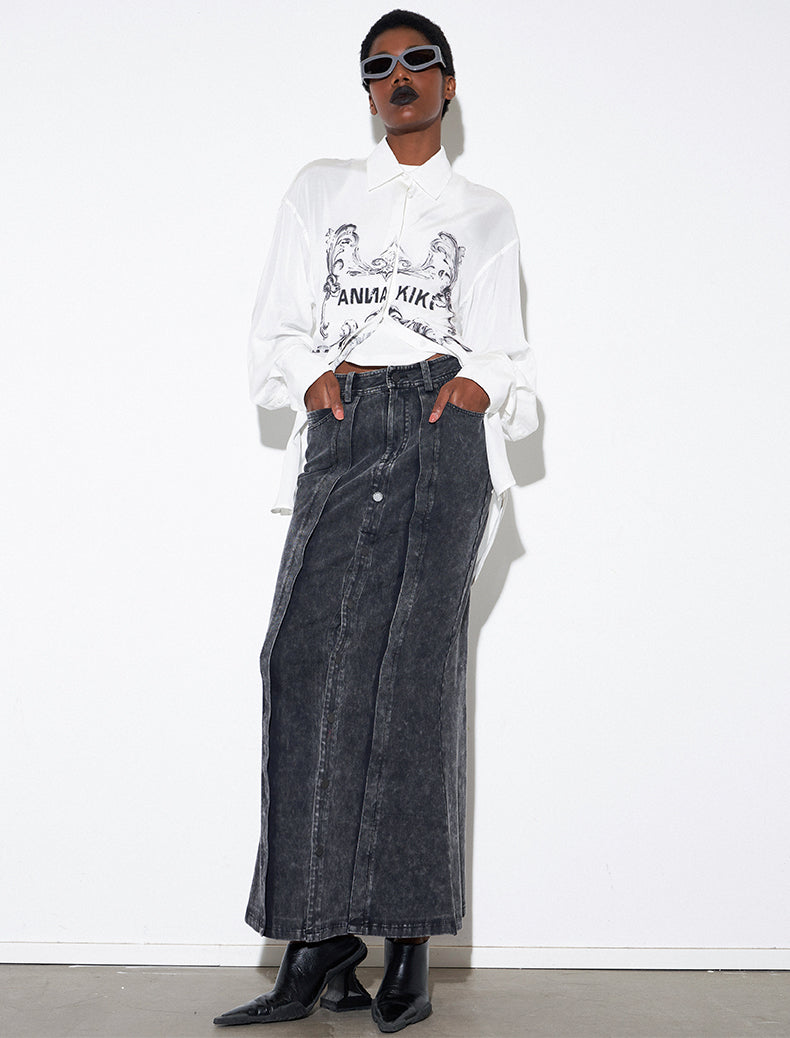 ANNAKIKI Designer White Acetate Print Loose Long Sleeve Shirt-HIRO