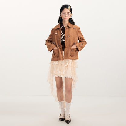 FAME Brown Three-Dimensional Flower Beaded Suede Jacket Top - KENNY.