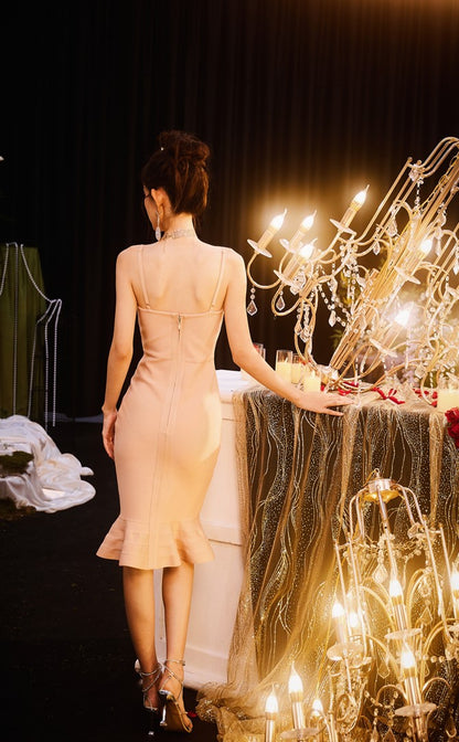 DOLLY High End White/Nude Sleeveless Diamond Fish Tail Suspender Dress-JABEL