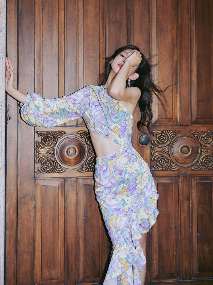 DOLLY Elegant Slant Collar Long Puff Sleeve Hollow Irregular Ruffled Hem Dress-KIERA