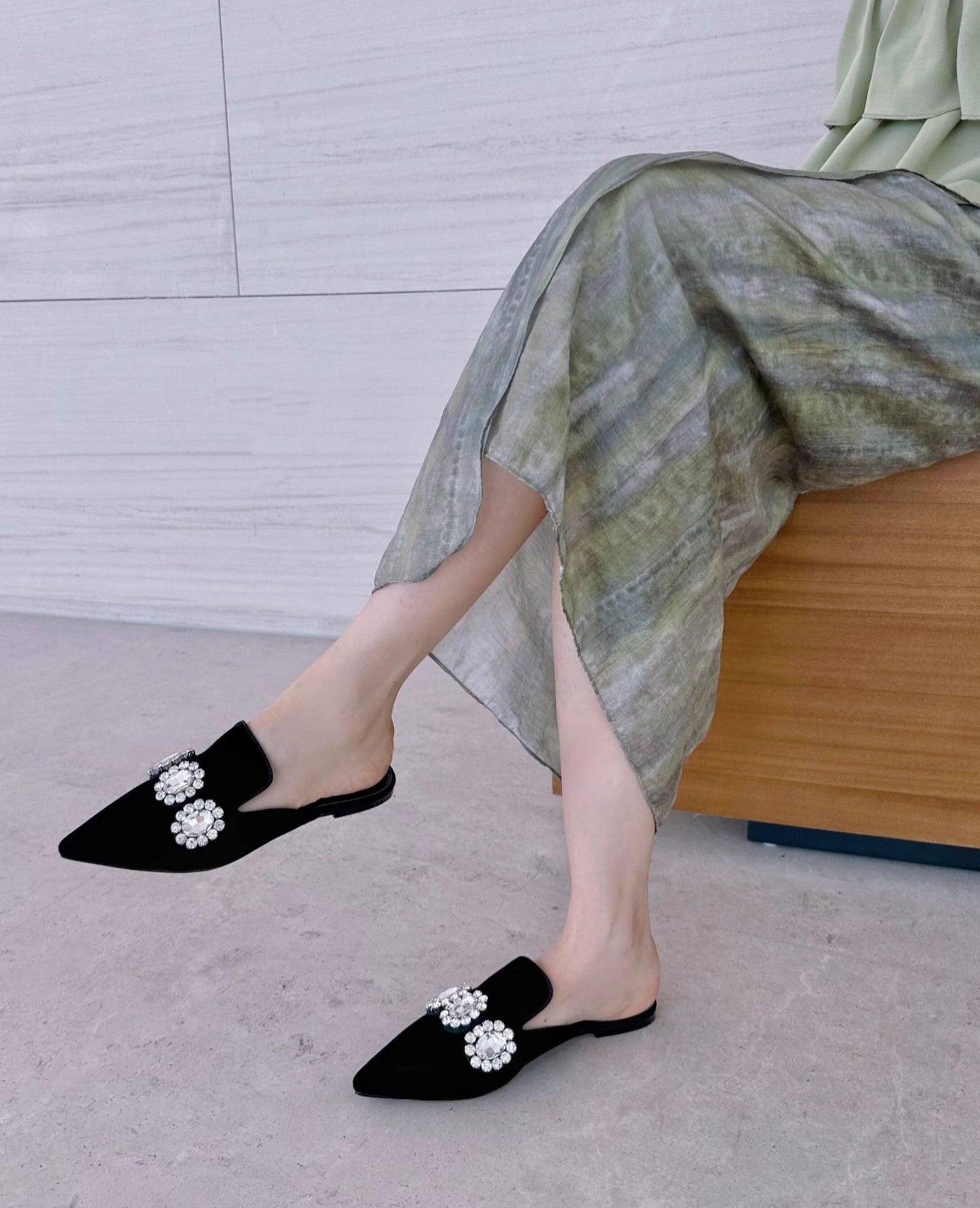 B-FEI custom pointed rhinestone flat mules.