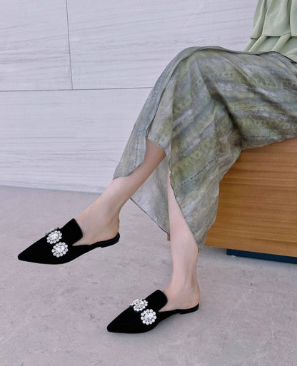B-FEI custom pointed rhinestone flat mules.