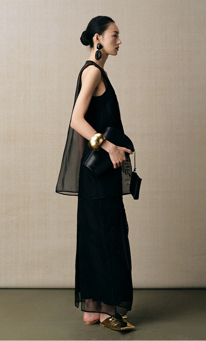 ZHUCHONGYUN U-neckline organza mesh black top-YOYO.