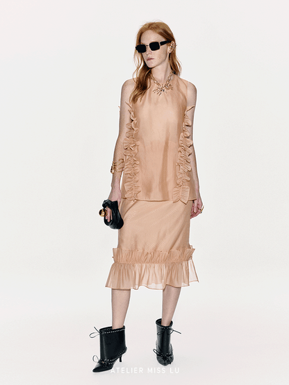 ATELIER MISS LU Three-dimensional Pressed Lace Design Sheer Top - TESSY