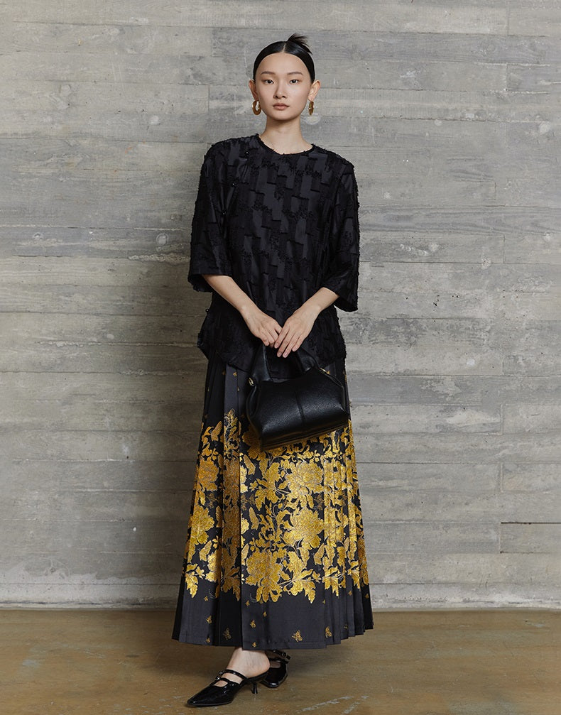 HECO Round Neck Square Tassel Design Texture Shirt Top Women - reign.