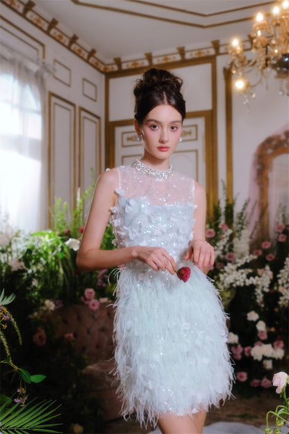 Wardrobes by Chen Elegant Blue Sleeveless Flower Feather Dress - Moji