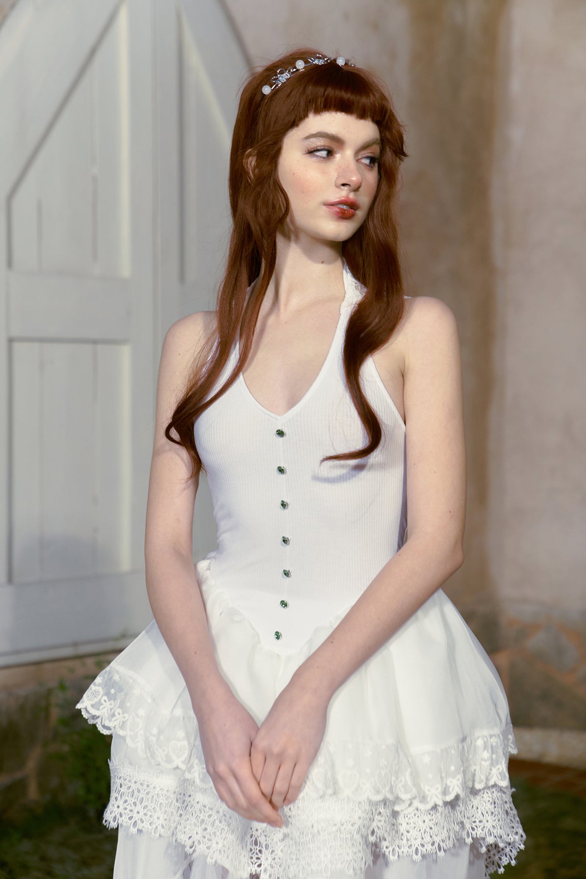 White gem layered irregular lace strapless hooded dress- Kimmi