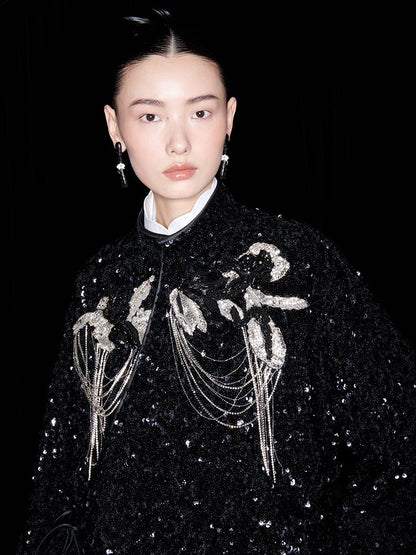 M essential Mackay designer three-dimensional silver orchid catenary beaded jacket - sill.