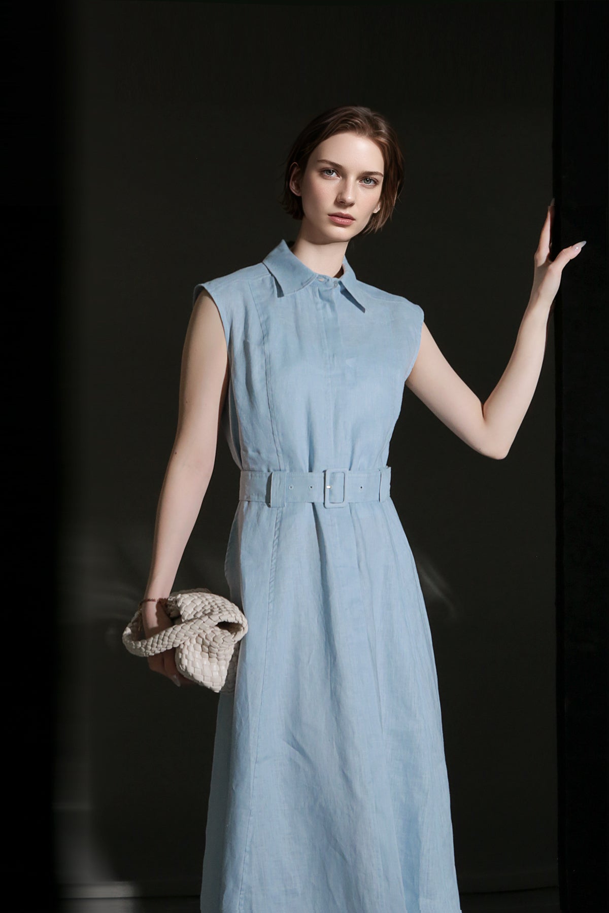 PIAOIN minimalist 100% linen sleeveless belted midi green pastel blue shirt dress -EVELYN.