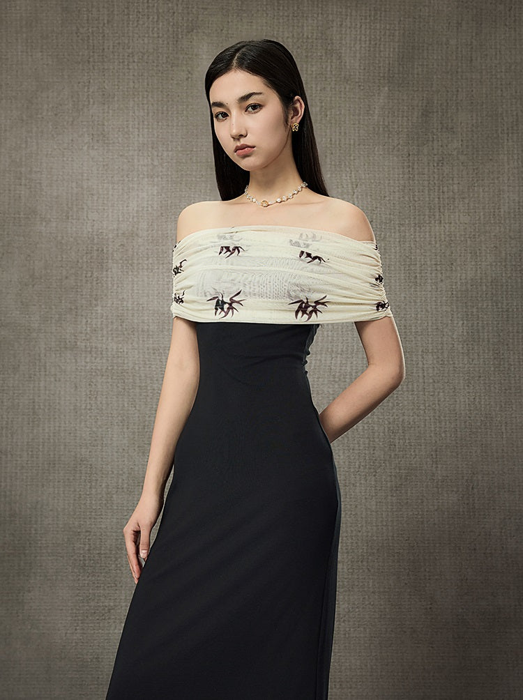 HECO Pleated One-Shoulder Bardot Temperament Midi Dress  - BELIEVE.